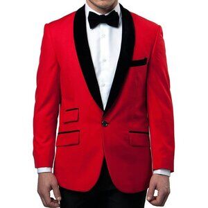 Solid Red With Black Velvet Shawl Collar Men's Jacket